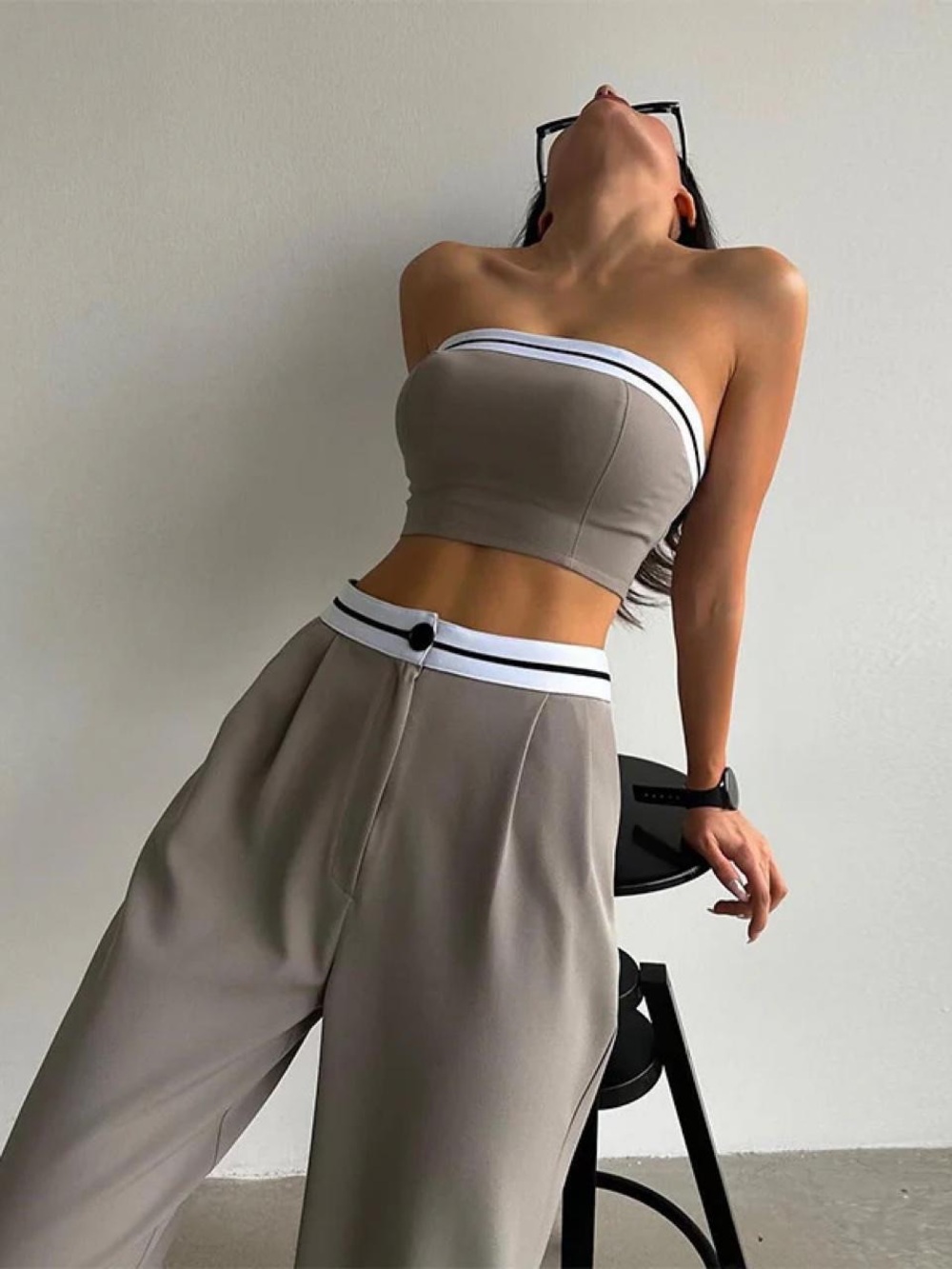 Commense gray Strapless Crop Top and High-Waist Trousers Set